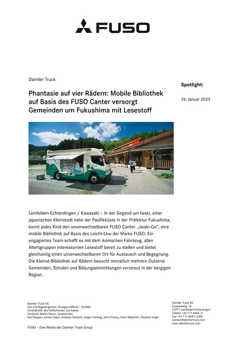 Phantasie auf vier Rädern Mobile Bibliothek auf Basis des FUSO Canter versorgt Gemeinden um Fukushima mit Lesestoff