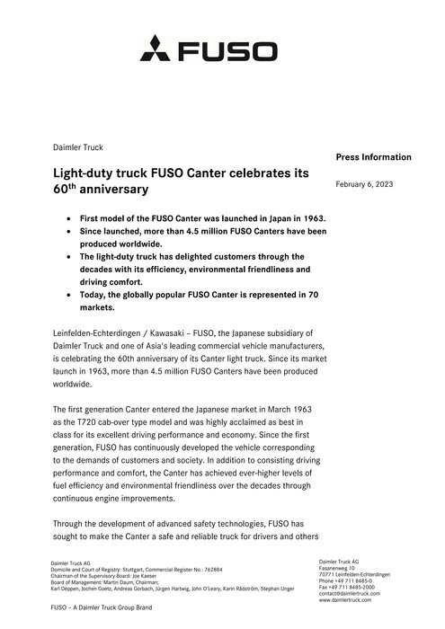 Light-duty truck FUSO Canter celebrates its 60th anniversary