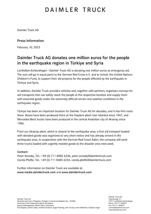 Daimler Truck AG donates one million euros for the people in the earthquake region in Türkiye and Syria