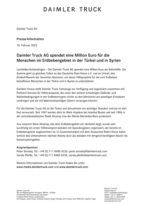 Daimler Truck AG spendet eine Million Euro für die Menschen im Erdbebengebiet in der Türkei und in Syrien