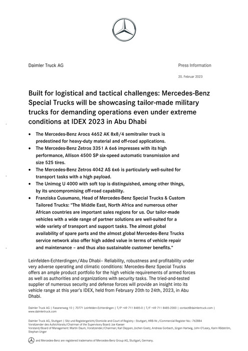Built for logistical and tactical challenges: Mercedes-Benz Special Trucks will be showcasing tailor-made military trucks for demanding operations even under extreme conditions at IDEX 2023 in Abu Dhabi