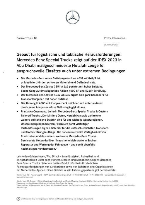 Gebaut für logistische und taktische Herausforderungen: Mercedes-Benz Special Trucks zeigt auf der IDEX 2023 in Abu Dhabi maßgeschneiderte Nutzfahrzeuge für anspruchsvolle Einsätze auch unter extremen Bedingungen