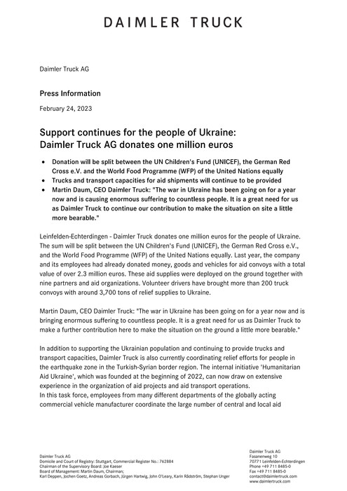 Daimler Truck supports the population of Ukraine