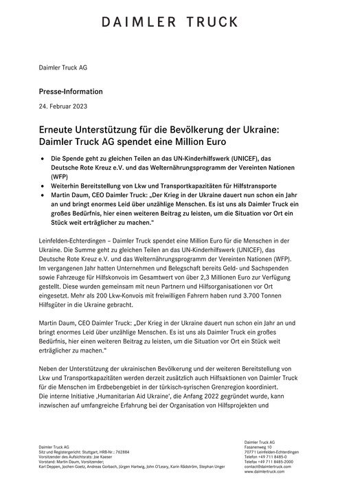 Daimler Truck unterstützt Bevölkerung in der Ukraine