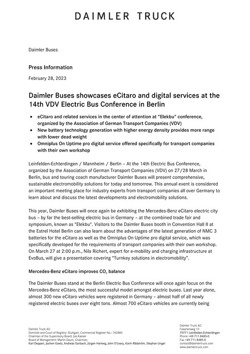 Daimler Buses showcases eCitaro and digital services at the 14th VDV Electric Bus Conference in Berlin