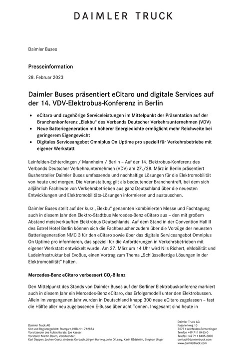 Daimler Buses präsentiert eCitaro und digitale Services auf der 14. VDV-Elektrobus-Konferenz in Berlin