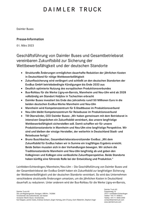 Geschäftsführung von Daimler Buses und Gesamtbetriebsrat vereinbaren Zukunftsbild zur Sicherung der Wettbewerbsfähigkeit und der deutschen Standorte
