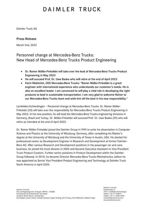 Personnel change at Mercedes-Benz Trucks:  New Head of Mercedes-Benz Trucks Product Engineering