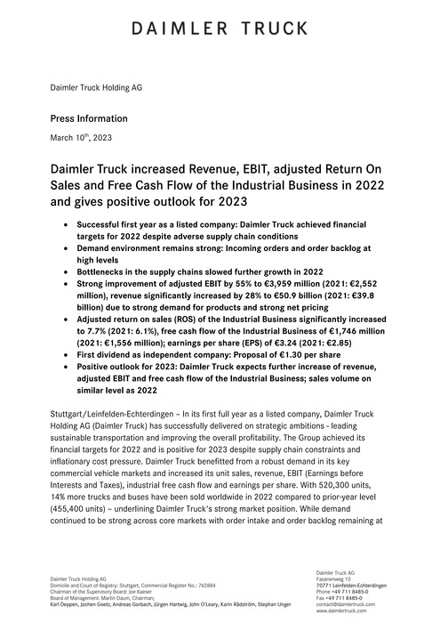 Daimler Truck increased Revenue, EBIT, adjusted Return On Sales and Free Cash Flow of the Industrial Business in 2022 and gives positive outlook for 2023