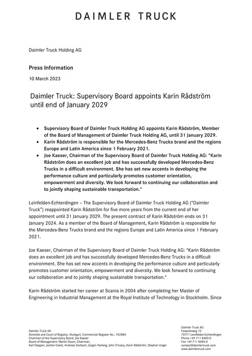 Daimler Truck: Supervisory Board appoints Karin Rådström until end of January 2029