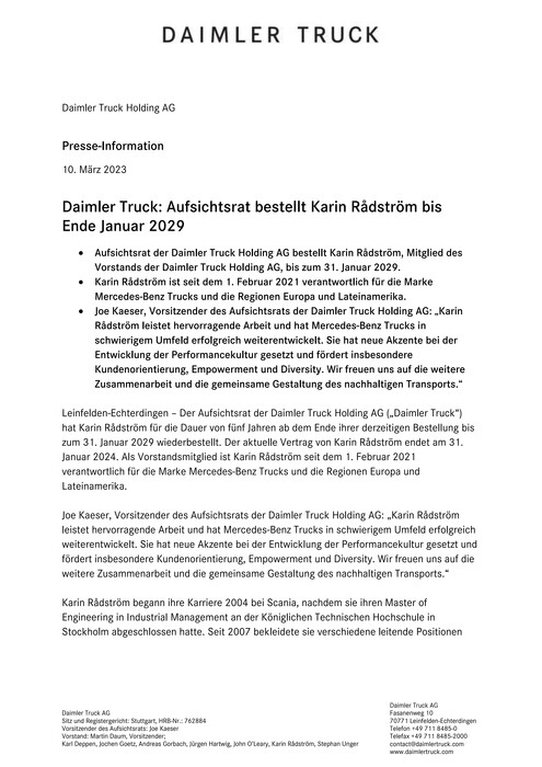 Daimler Truck: Aufsichtsrat bestellt Karin Rådström bis Ende Januar 2029