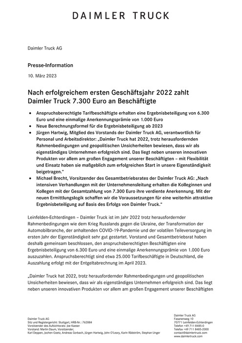 Nach erfolgreichem ersten Geschäftsjahr 2022 zahlt Daimler Truck 7.300 Euro an Beschäftigte