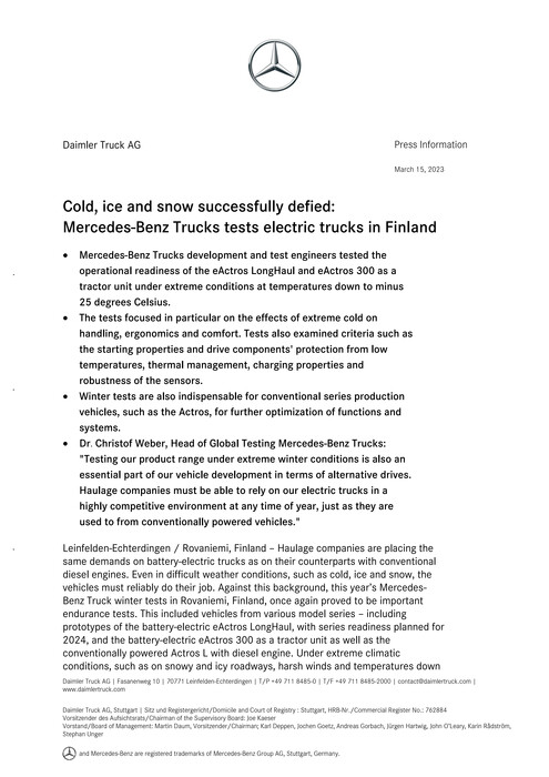 Cold, ice and snow successfully defied: Mercedes-Benz Trucks tests electric trucks in Finland