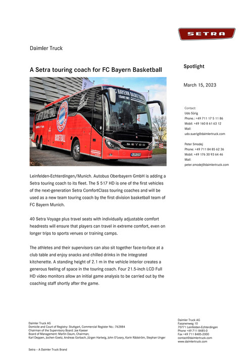 A Setra touring coach for FC Bayern Basketball