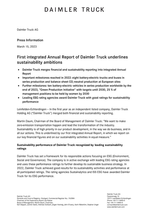 First integrated Annual Report of Daimler Truck underlines sustainability ambitions