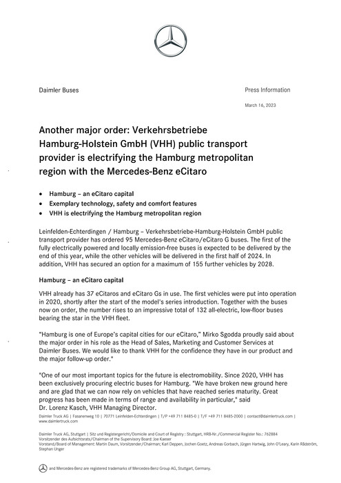 Another major order: Verkehrsbetriebe  Hamburg-Holstein GmbH (VHH) public transport provider is electrifying the Hamburg metropolitan region with the Mercedes-Benz eCitaro