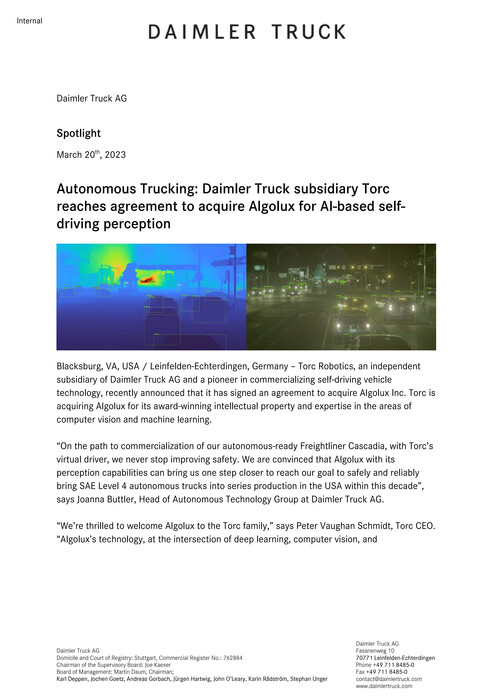 Autonomous Trucking: Daimler Truck subsidiary Torc reaches agreement to acquire Algolux for AI-based self-driving perception