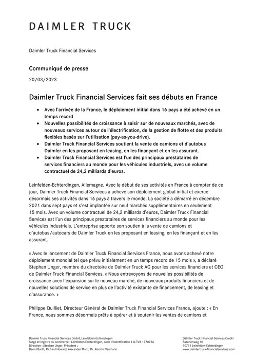 Daimler Truck Financial Services fait ses débuts en France