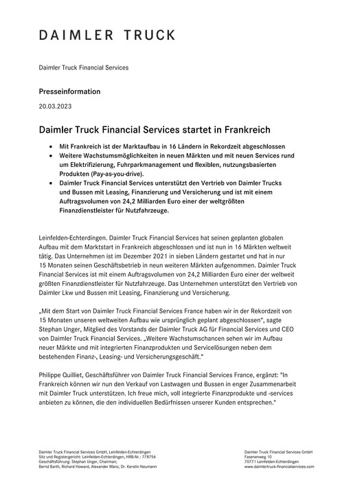 Daimler Truck Financial Services startet in Frankreich