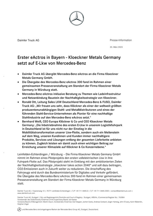 Erster eActros in Bayern - Kloeckner Metals Germany setzt auf E-Lkw von Mercedes-Benz