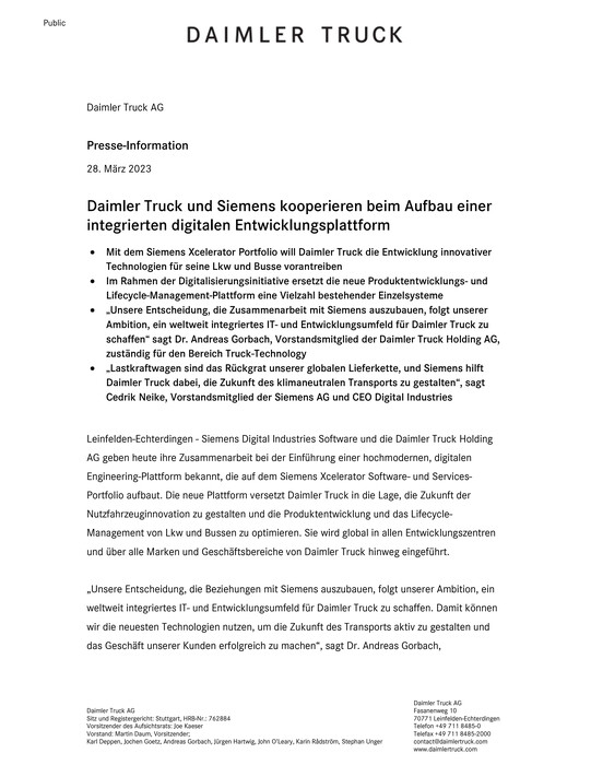 Daimler Truck und Siemens kooperieren beim Aufbau einer integrierten digitalen Entwicklungsplattform