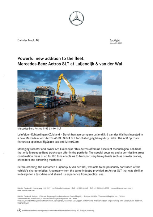 Powerful new addition to the fleet: Mercedes-Benz Actros SLT at Luijendijk & van der Wal