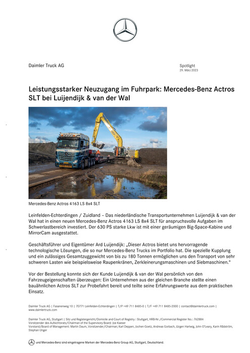 Leistungsstarker Neuzugang im Fuhrpark: Mercedes-Benz Actros SLT bei Luijendijk & van der Wal