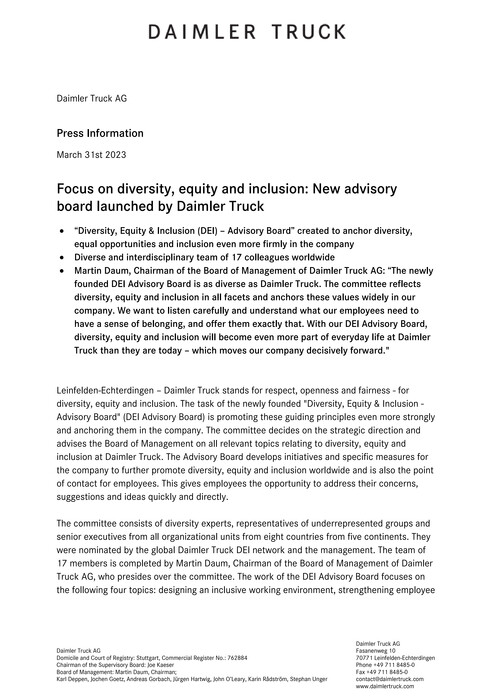 Focus on diversity, equity and inclusion: New advisory board launched by Daimler Truck