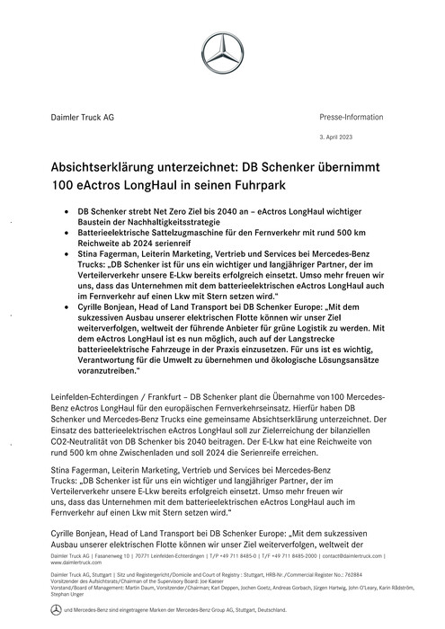 Absichtserklärung unterzeichnet: DB Schenker übernimmt 100 eActros LongHaul in seinen Fuhrpark