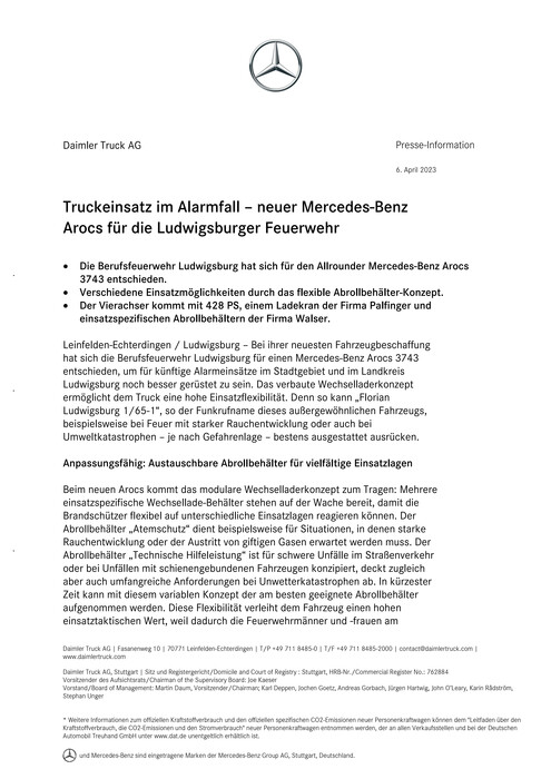 Truckeinsatz im Alarmfall – neuer Mercedes-Benz Arocs für die Ludwigsburger Feuerwehr