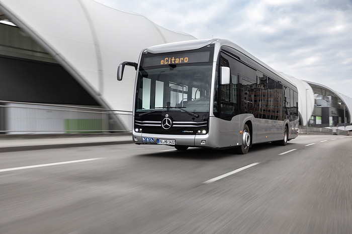 The all-electric Mercedes-Benz eCitaro city bus with the latest generation of batteries