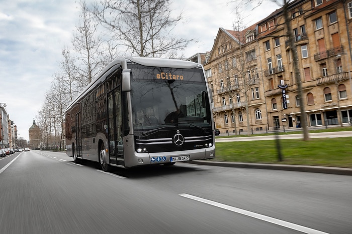 The all-electric Mercedes-Benz eCitaro city bus with the latest generation of batteries