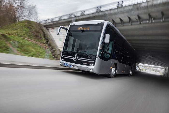 The all-electric Mercedes-Benz eCitaro city bus with the latest generation of batteries