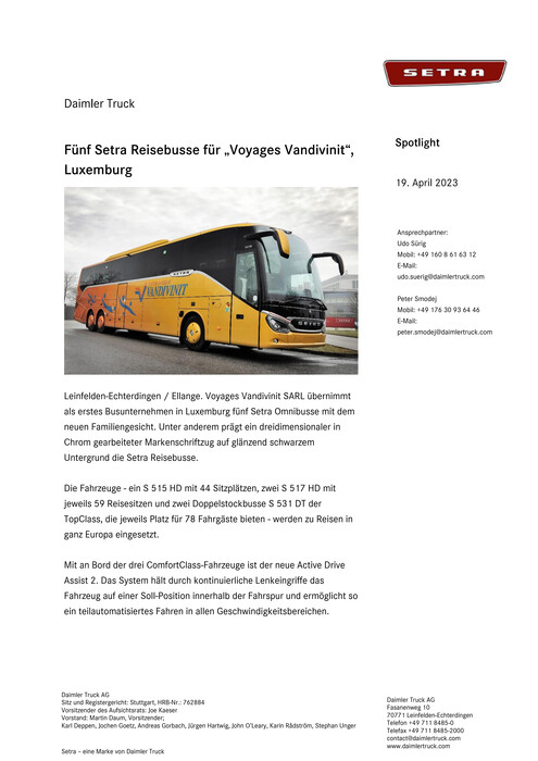 Fünf Setra Reisebusse für „Voyages Vandivinit“, Luxemburg