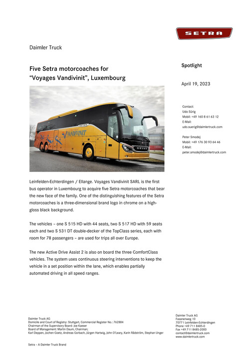Five Setra motorcoaches for “Voyages Vandivinit”, Luxembourg