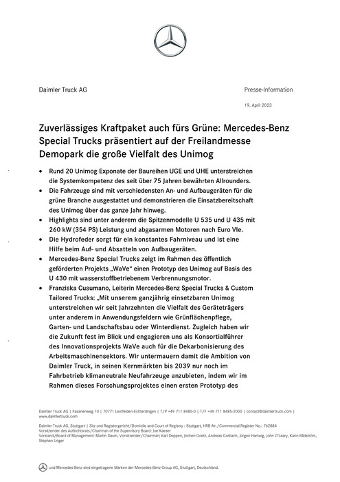 Zuverlässiges Kraftpaket auch fürs Grüne: Mercedes-Benz Special Trucks präsentiert auf der Freilandmesse Demopark die große Vielfalt des Unimog