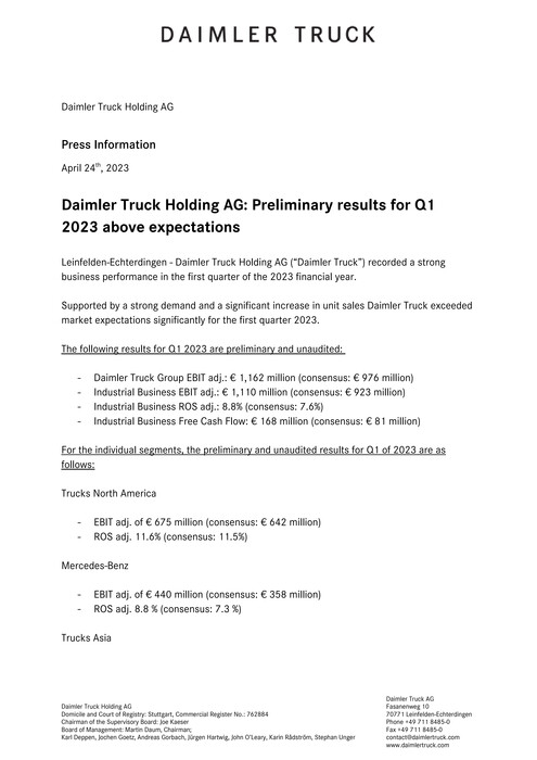 Daimler Truck Holding AG: Preliminary results for Q1 2023 above expectations