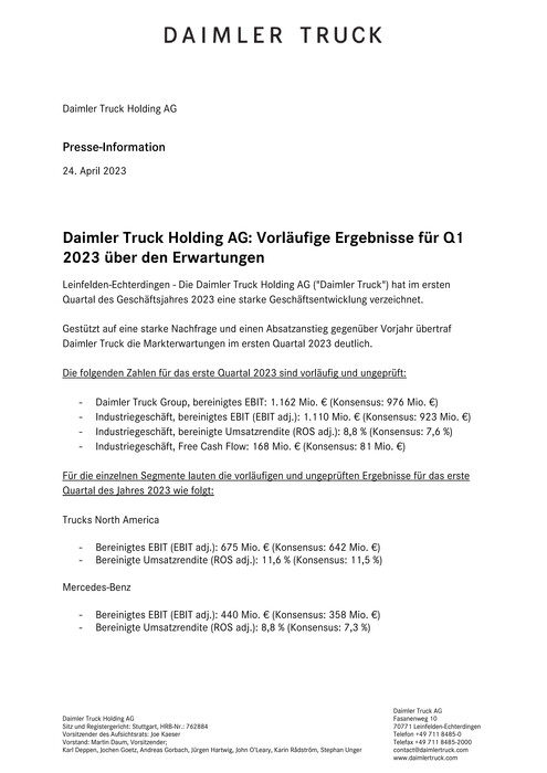 Daimler Truck Holding AG: Vorläufige Ergebnisse für Q1 2023 über den Erwartungen