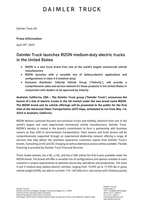 Daimler Truck launches RIZON medium-duty electric trucks in the United States