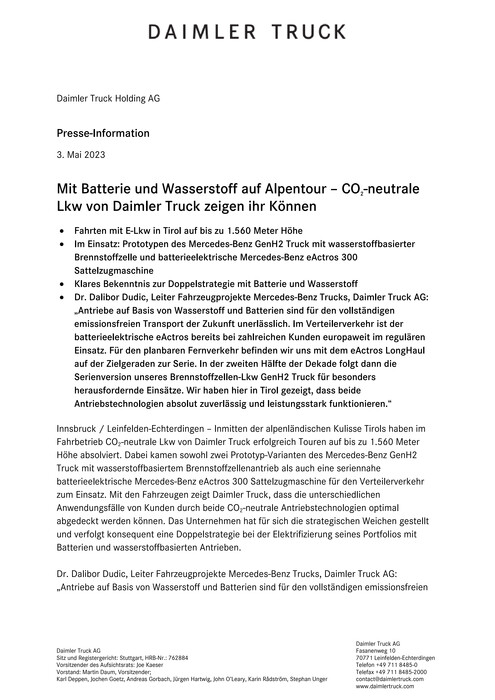 Mit Batterie und Wasserstoff auf Alpentour – CO2-neutrale Lkw von Daimler Truck zeigen ihr Können