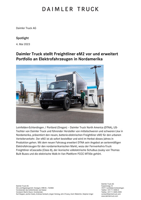Daimler Truck stellt Freightliner eM2 vor und erweitert Portfolio an Elektrofahrzeugen in Nordamerika
