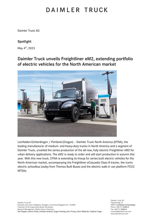 Daimler Truck unveils Freightliner eM2, extending portfolio of electric vehicles for the North American market