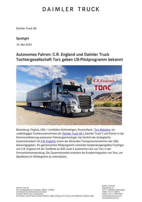 Autonomes Fahren: C.R. England und Daimler Truck Tochtergesellschaft Torc geben US-Pilotprogramm bekannt