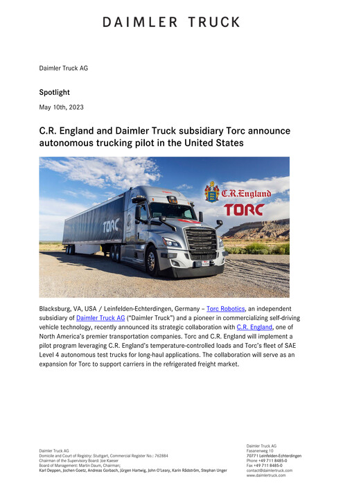C.R. England and Daimler Truck subsidiary Torc announce autonomous trucking pilot in the United States