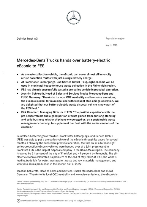 Mercedes-Benz Trucks hands over battery-electric eEconic to FES