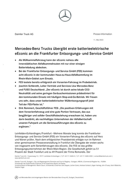 Mercedes-Benz Trucks übergibt erste batterieelektrische eEconic