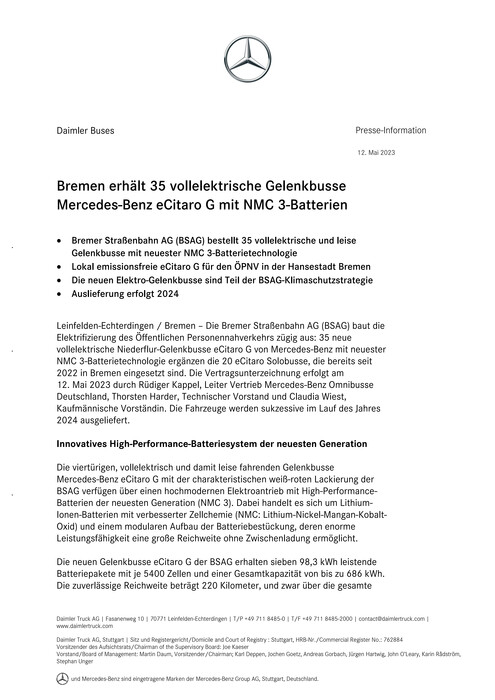Bremen erhält 35 vollelektrische Gelenkbusse Mercedes-Benz eCitaro G mit NMC 3-Batterien