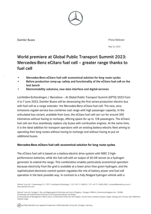 World premiere at Global Public Transport Summit 2023: Mercedes-Benz eCitaro fuel cell – greater range thanks to fuel cell