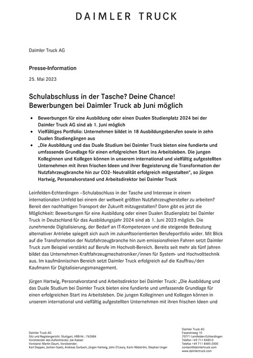 Schulabschluss in der Tasche? Bewerbungen bei Daimler Truck ab Juni möglich