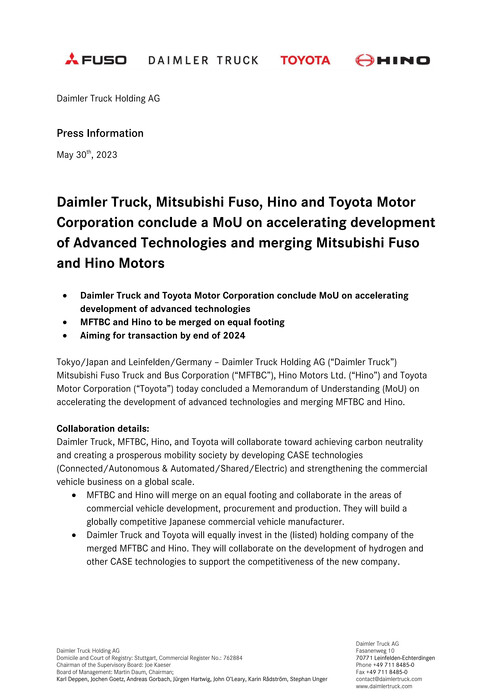 Daimler Truck, Mitsubishi Fuso, Hino and Toyota Motor Corporation conclude a MoU on accelerating development of Advanced Technologies and merging Mitsubishi Fuso and Hino Motors